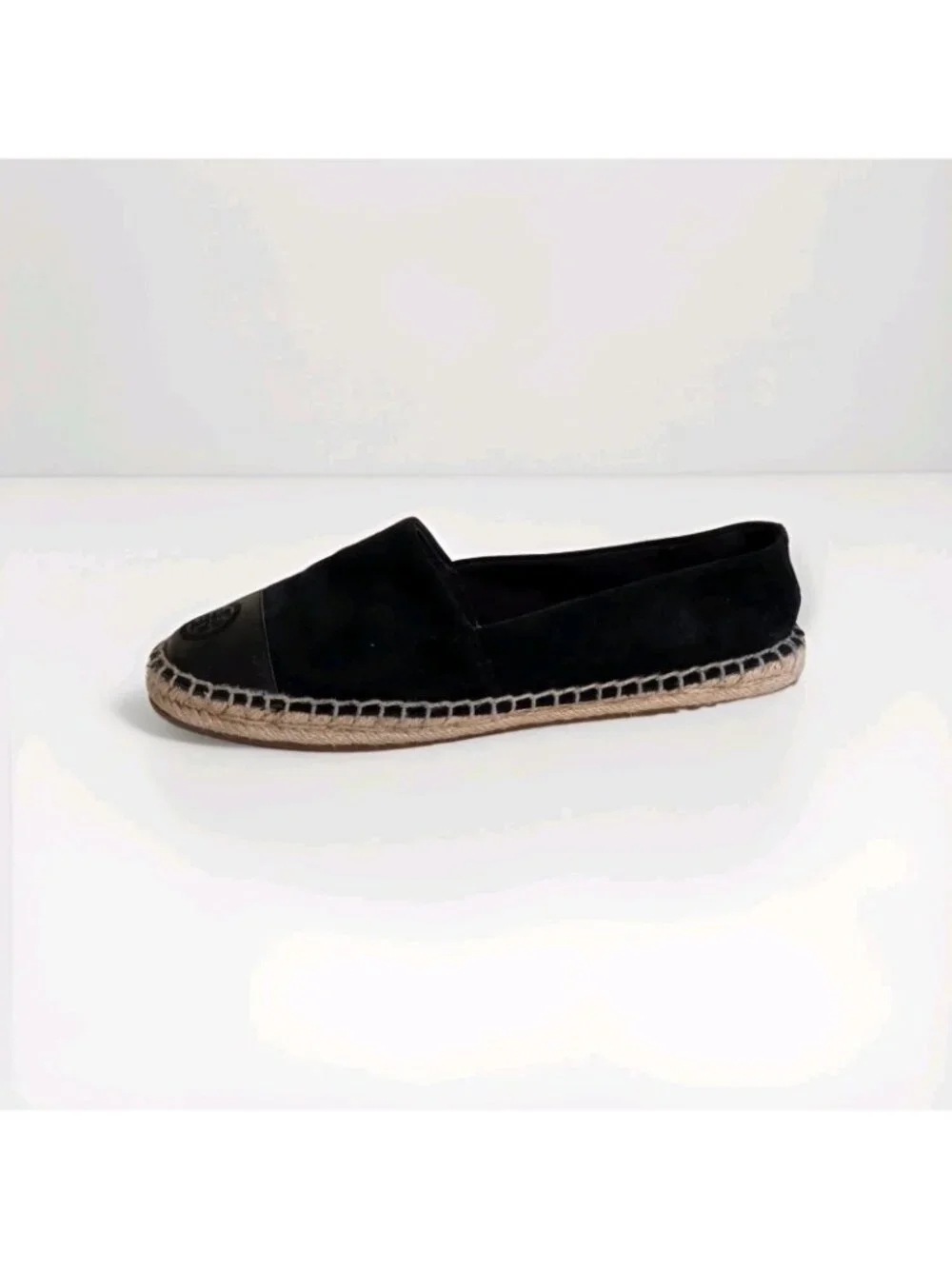 Tory Burch Espadrille Flats Shoes Women 8M Black Suede Leather Cap Toe Double T